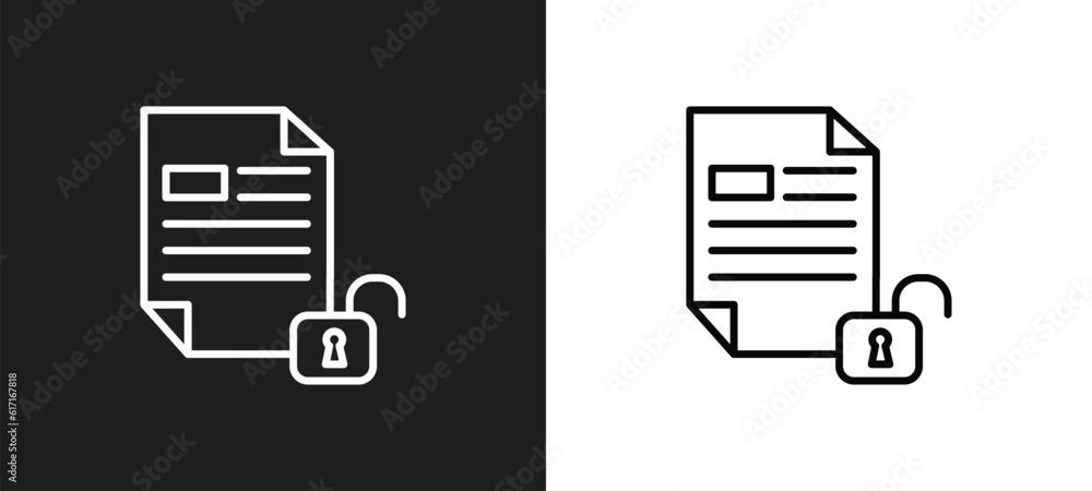 Poster unlocked file line icon in white and black colors. unlocked file flat vector icon from unlocked file