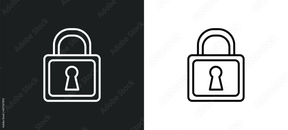 Poster locked padlock line icon in white and black colors. locked padlock flat vector icon from locked padl