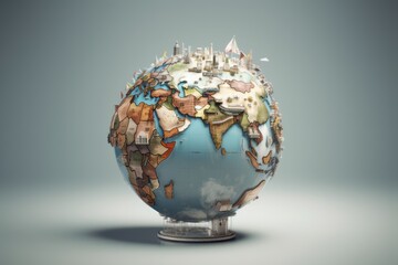 the globe of the world, Wanderlust Dream: A Captivating CGI Image of a Globe Filled with Vacation Locations on a White Background
