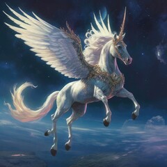 Obraz na płótnie Canvas Unicorn flying in the sky with the moon
