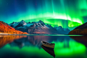 Ship sails through the fjord, vibrant hues of the Aurora borealis illuminate the night sky. Generative AI.