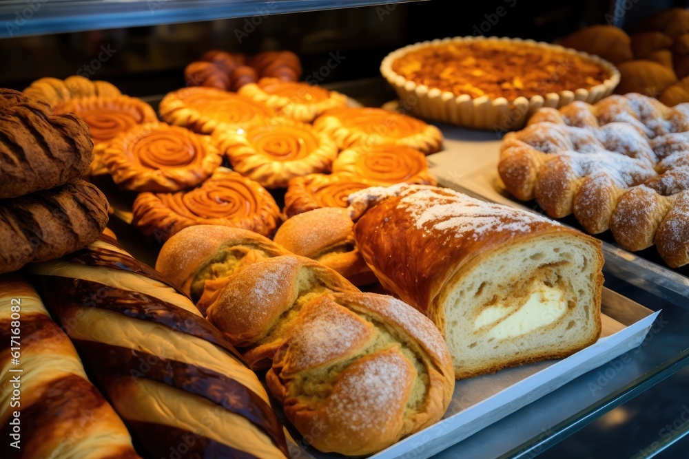 Aufkleber diverse selection of breads arranged in a display case. generative ai