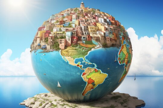 the globe of the world, Wanderlust Dream: A Captivating CGI Image of a Globe Filled with Vacation Locations on a White Background