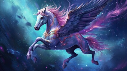 Obraz na płótnie Canvas The unicorn flying around with the moon and star