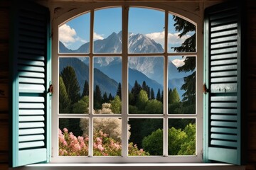 breathtaking mountain view through a window. Generative AI