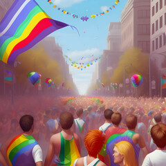 Illustration of the gay pride parade depicting the diversity and joyfulness of the lgbt community