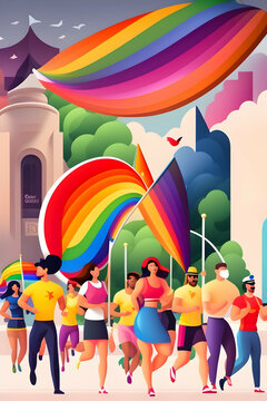 Illustration of the gay pride parade depicting the diversity and joyfulness of the lgbt community