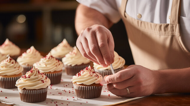 A baker meticulously piping creamy frosting onto cupcakes, adding the final touch with sprinkles and edible decorations, creating irresistible treats that delight both the eyes and Generative AI