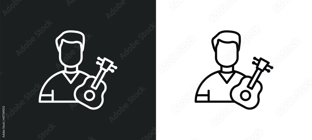 Poster guitar player line icon in white and black colors. guitar player flat vector icon from guitar player