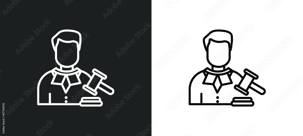 Poster judge line icon in white and black colors. judge flat vector icon from judge collection for web, mob