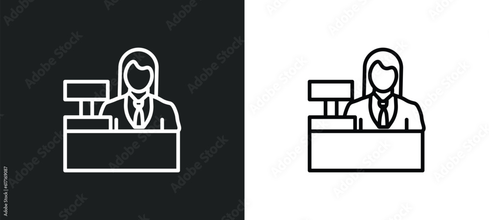 Poster clerk line icon in white and black colors. clerk flat vector icon from clerk collection for web, mob