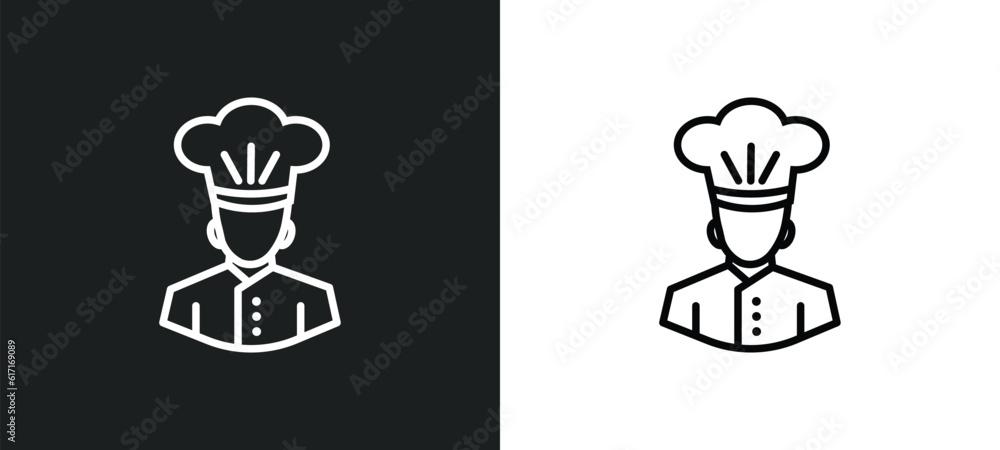 Poster chef line icon in white and black colors. chef flat vector icon from chef collection for web, mobile