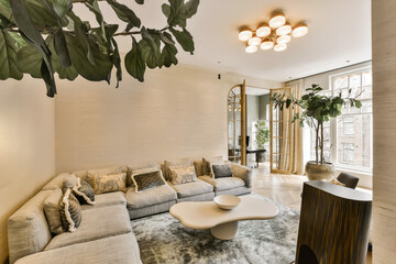 a living room with couches, tables and plants in the center of the room there is a large plant hanging over the sofa
