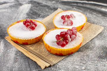 front close view delicious cranberry cakes with red cranberries on top sugar pieces and powder grey background cake biscuit sweet