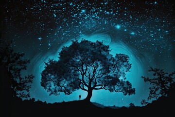majestic tree under a starry sky. Generative AI