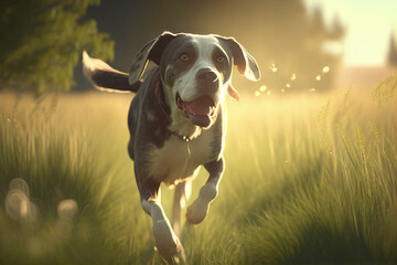 dog jumping in green field grass closeup sunlight morni, Generative AI