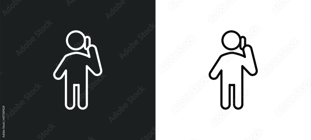 Poster man talking with phone line icon in white and black colors. man talking with phone flat vector icon 