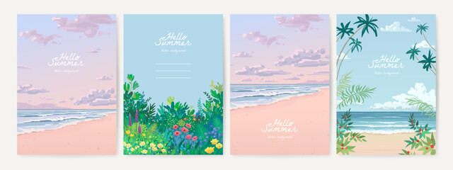 Set of hand drawn vector landscape background. Beautiful illustration of summer garden, beach, sea and sky. Summer holidays poster or banner design template