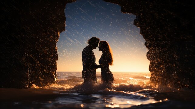 Couple in love emerges from the ocean summer feeling - sunset photography