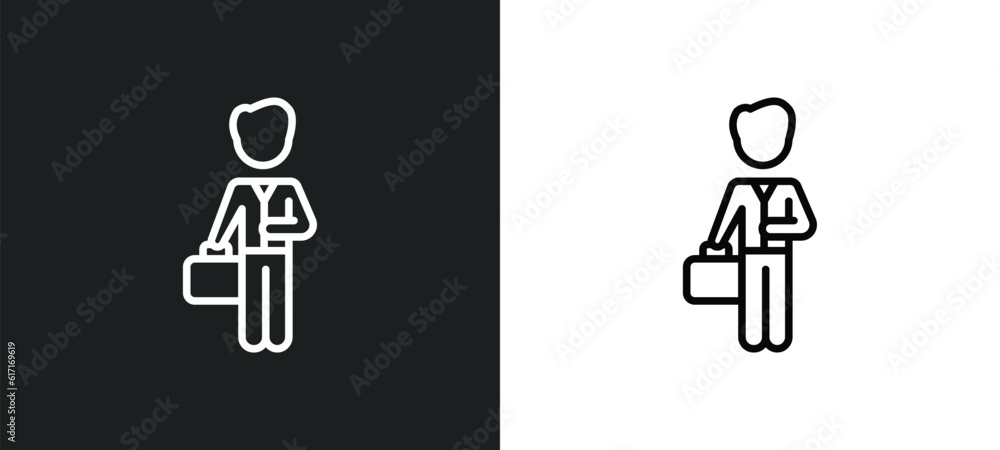 Poster man with company line icon in white and black colors. man with company flat vector icon from man wit