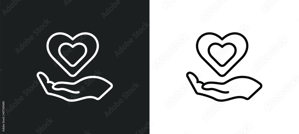 Poster heart in hands line icon in white and black colors. heart in hands flat vector icon from heart hands