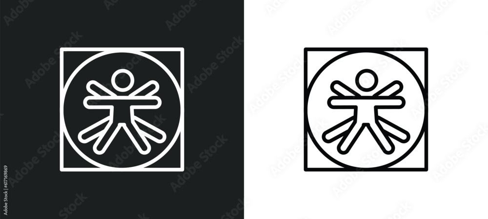 Aufkleber vitruvian man line icon in white and black colors. vitruvian man flat vector icon from vitruvian man