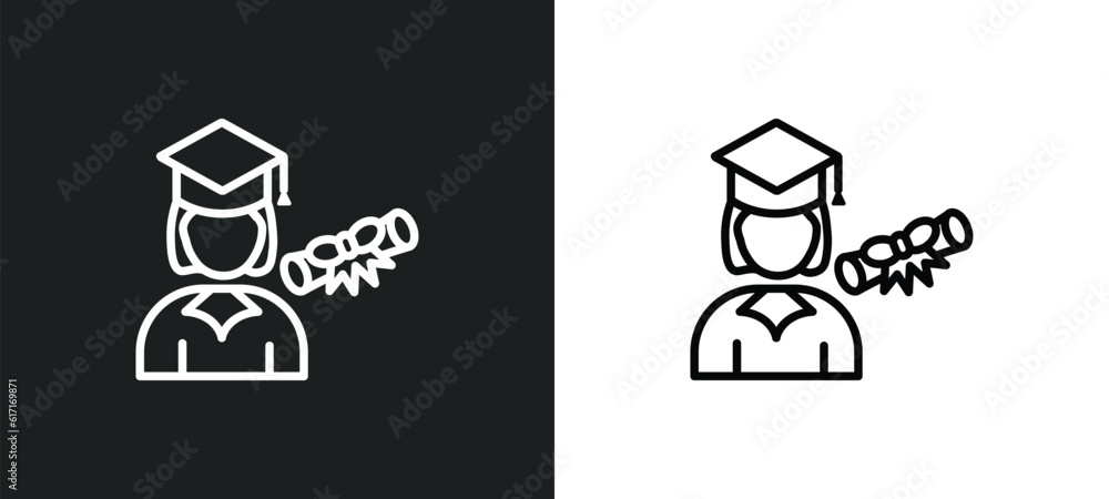 Poster graduated student line icon in white and black colors. graduated student flat vector icon from gradu