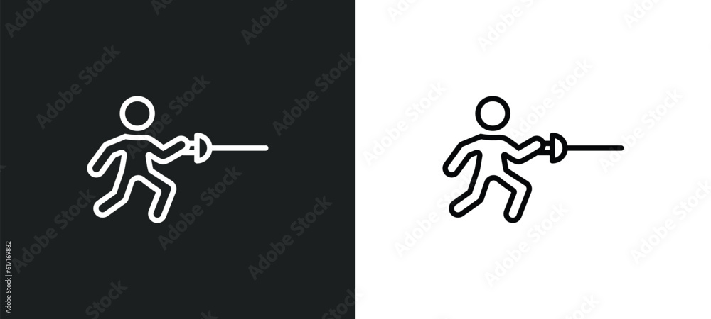 Poster fencing attack line icon in white and black colors. fencing attack flat vector icon from fencing att
