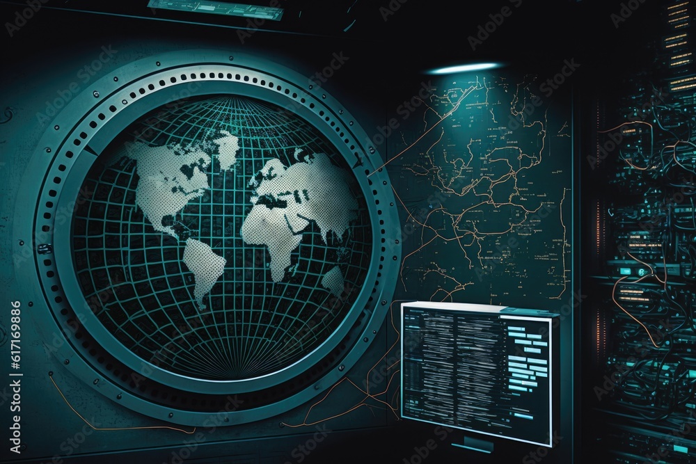 Poster world map displayed on a computer scree. generative ai