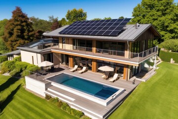 Solar panels on roof of the house renewable energy . Generative AI