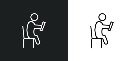 sitting man reading line icon in white and black colors. sitting man reading flat vector icon from sitting man reading collection for web, mobile apps and ui.