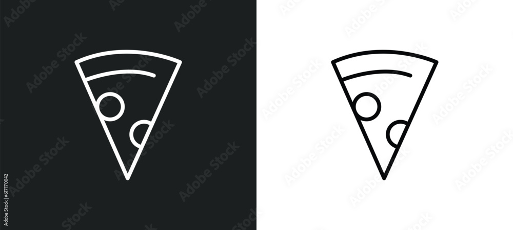 Poster pizza slice line icon in white and black colors. pizza slice flat vector icon from pizza slice colle