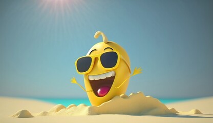 3d Animated happy banana wear sunglasses on the beach, summer vibes, 3d illustration, Generative AI