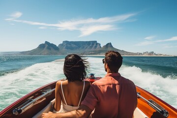 Naklejka premium A couple on a speed boat Table Mountain Cape Town in the background ocean and sky view