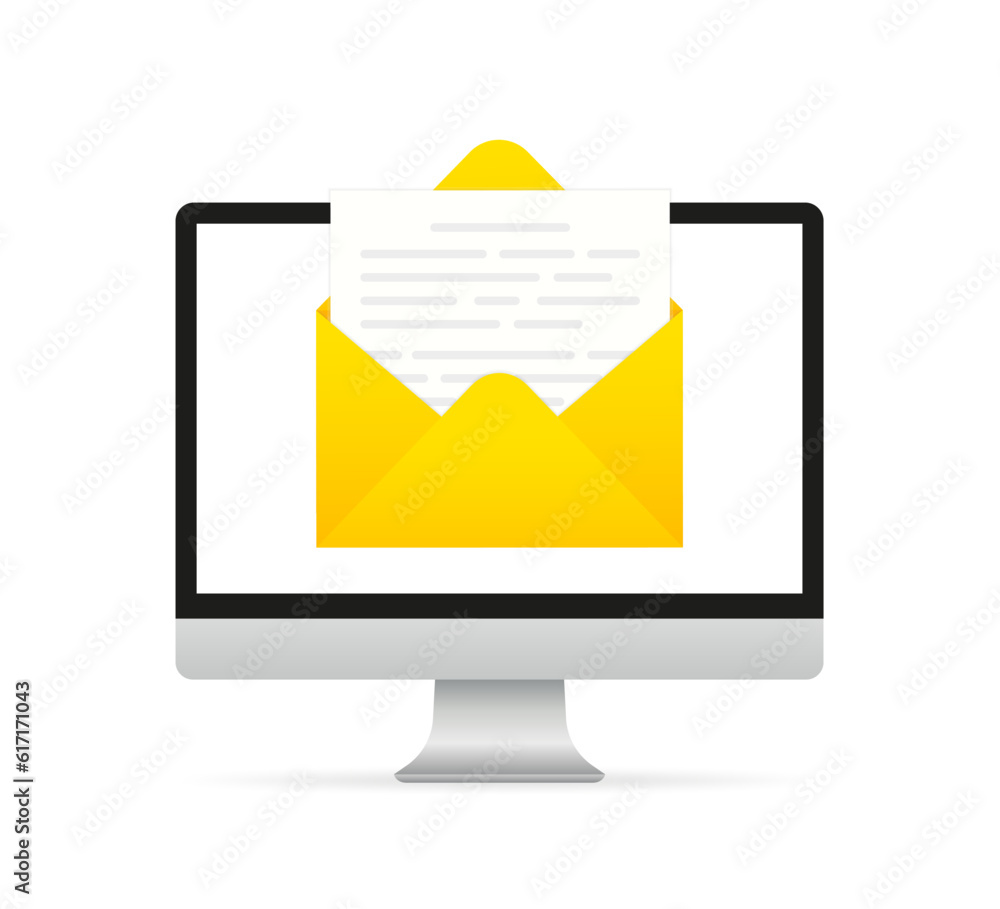 Aufkleber computer screen with envelope and open email on screen. email marketing, internet advertising concep