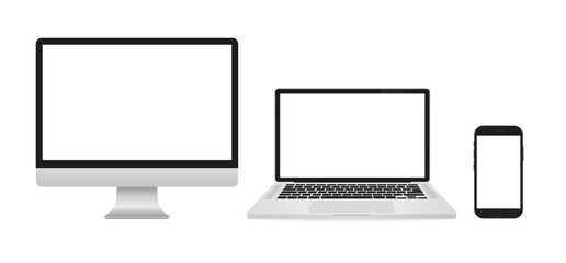 A set of isolated smart devices mockup with blank screen: smartphone, tablet, laptop and desktop on white background. Blank screen template of laptop phone and computer. Vector illustration