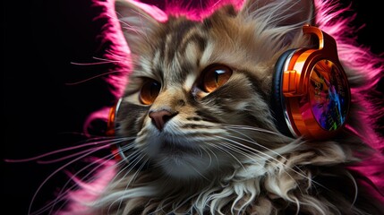 Portrait of a cat DJ wearing neon headphones