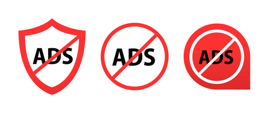 No ads symbol collection. Ad blocking red line icon. Red crossed round button. Internet technology. Internet advertisement. No ads for promotion design. Vector illustration