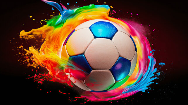 generative ai illustration of a soccer ball in rainbow colors against dark background, symbol for LGBTQ in Sport