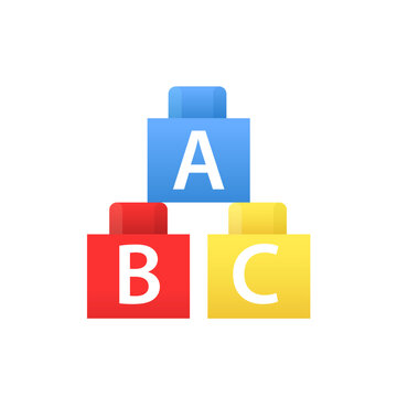 Сolorful building block toy. Concept of building, industry, engineering, brainstorming, development. Constructor. Alphabet cubes with A,B,C letters in flat. Building blocks. Vector illustration