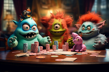 A group of funny looking colorful alien monsters in the casino. They are gambling and having fun. Generated by AI