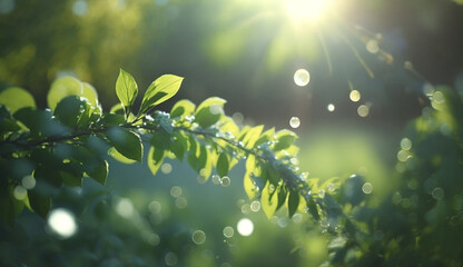 Fototapeta na wymiar green spring blue sky morning sunlight bokeh light real, Generative AI