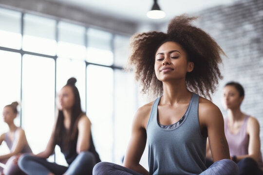 Group of mixed race smiling women practicing yoga in the gym