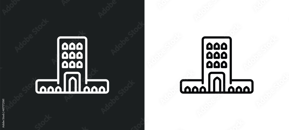 Poster monumental building line icon in white and black colors. monumental building flat vector icon from m