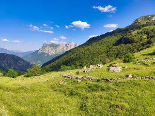 Fototapeta na wymiar Meadows and peaks in the trail to El Meicin, Pena Ubina Natural Park, Asturias, Spain