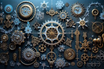 Obraz premium Steampunk Snowflakes a Captivating Background of Victorian-Inspired Cogs, Gears, and Snowflake Magic
