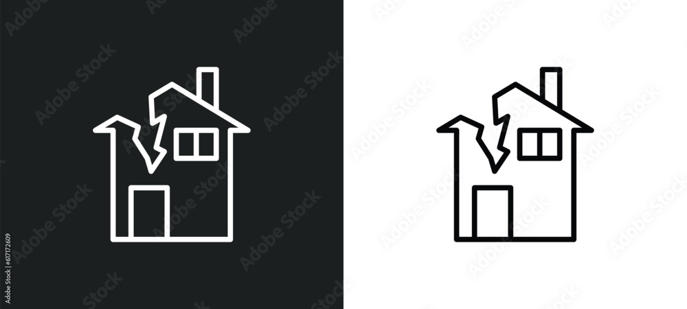 Poster broken house line icon in white and black colors. broken house flat vector icon from broken house co