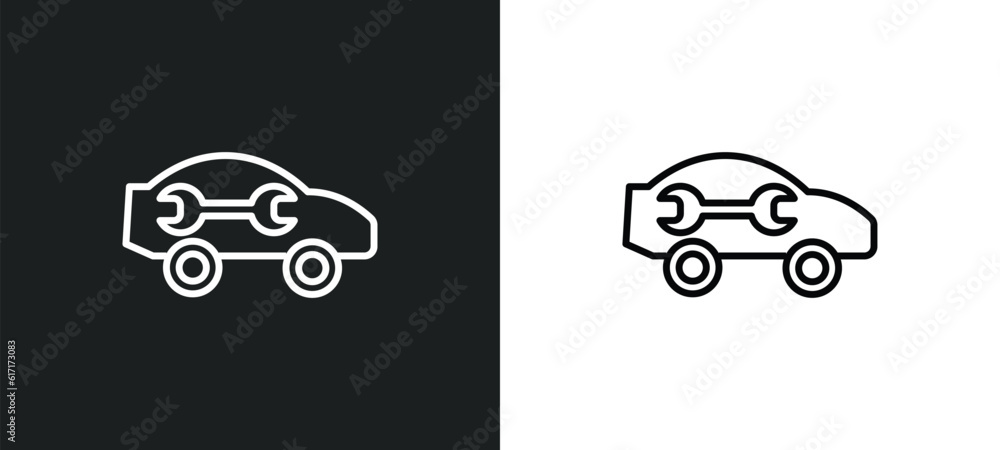 Poster car with wrench line icon in white and black colors. car with wrench flat vector icon from car with 
