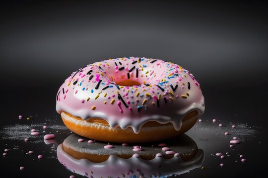 One Large Donut With A Pink Glaze On A Black Background Generated By AI