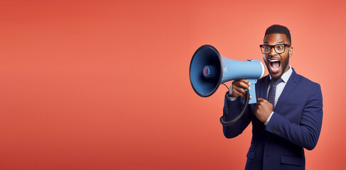 Businessman making an announcement with megaphone. Empty Copy Space for text. Generative AI.